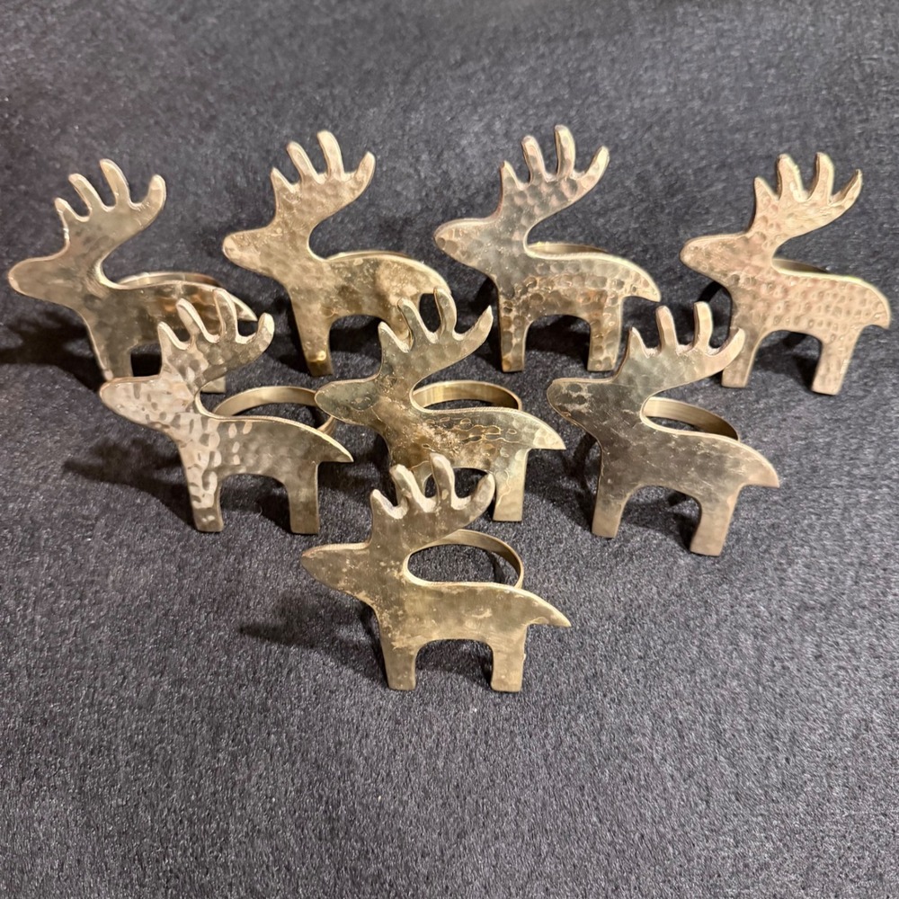 Vintage Hammered Gold Reindeer Napkin Rings Set of 8‎ Christmas Holiday Decor